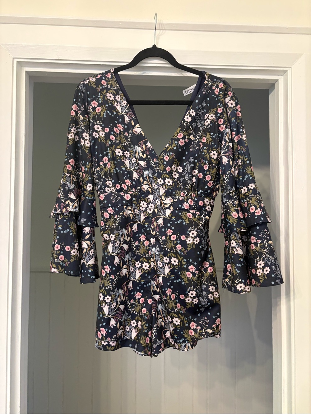 Design Lab Lord & Taylor Navy Floral Wrap Romper